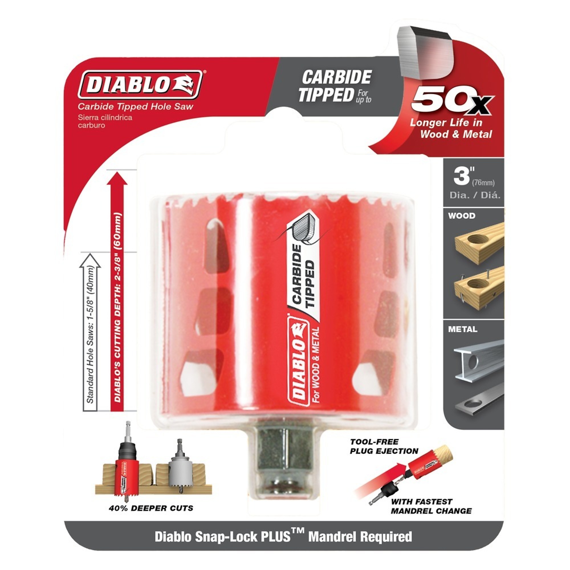 Diablo Tools Carbide-Tipped Wood/Metal Hole Saw - 3in. Dia., 2-3/8in. Cutting Depth, Model# DHS3000CT